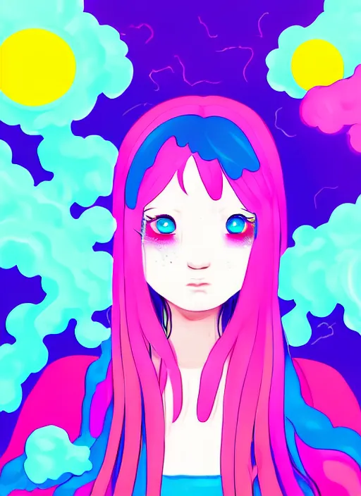 Prompt: portrait of a android girl kawaii, seapunk, anime, pop and vibrant colors, thick colorful smoke, nebulous background of dynamic space