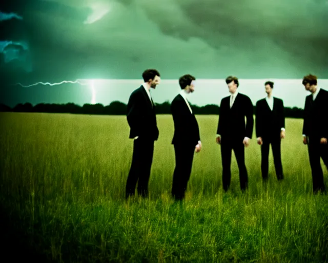 Prompt: 8 mm film, blurry, grainy, liminal, unsettling, group of tall men in suits in a field, thunderstorm, dark night