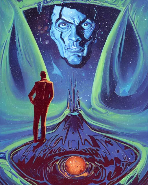 Prompt: a painting of a man standing in front of a giant face, poster art vincent di fate and jack gaughan and dan mumford, cgsociety, space art, lovecraftian, cosmic horror, poster art