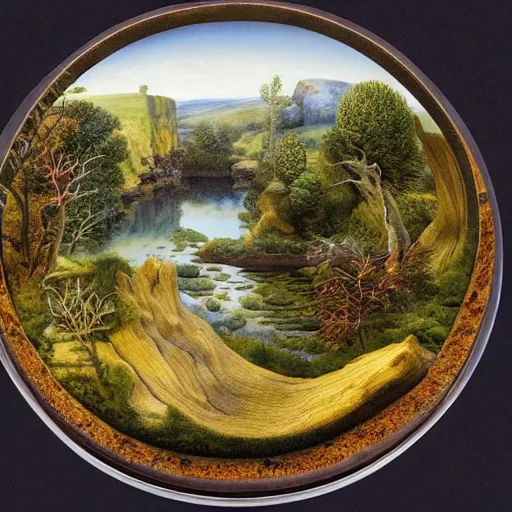 Prompt: a deep stone bowl containing a miniature landscape, surrealism, photorealistic, river and trees and hills, extremely detailed, by clara peeters and rob gonsalves and caspar david friedrich