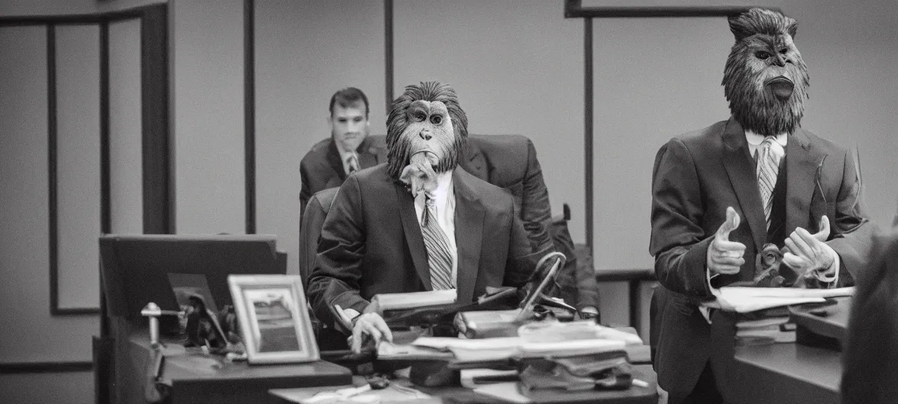 Prompt: Bigfoot wearing a suit and tie testifying in court, DSLR photograph, photorealistic, award winning, dramatic