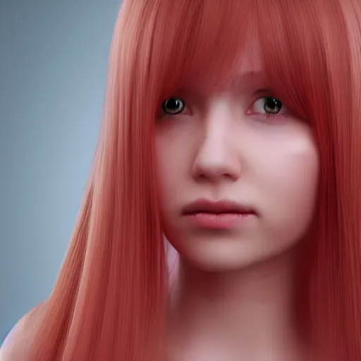 Prompt: A 3d cgi toon young woman with long pink hair, full bangs, amber eyes, pale skin, Chinese, medium shot, mid-shot, soft focus, 4k, trending on artstation