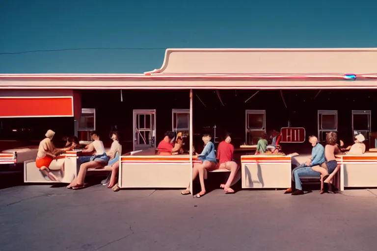 Image similar to 1 9 7 5 googie popsicle people sitting at tables, googie architecture, two point perspective, americana, restaurant exterior photography, hd 4 k, taken by alex webb