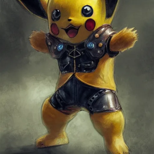 Image similar to close up of pikachu wearing leather armor, cinematographic shot, by daniel f. gerhartz