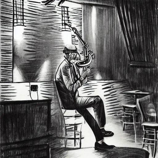 Prompt: saxophone player in a jazz cafe in tokyo by bernie wrightson