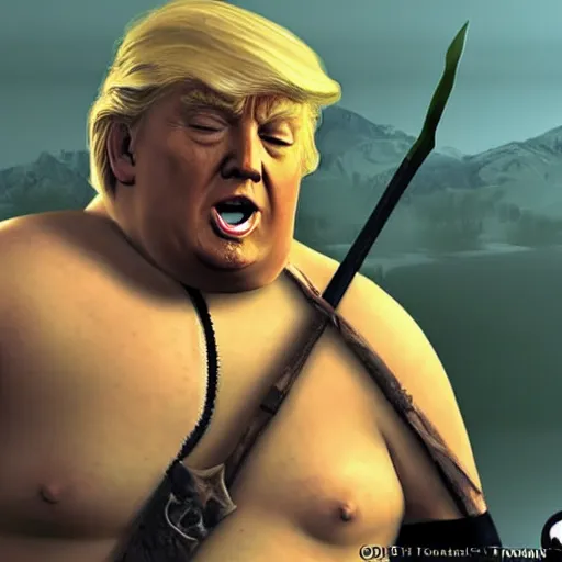 Prompt: fat Donald trump as a Skyrim character with an arrow shot through his knee