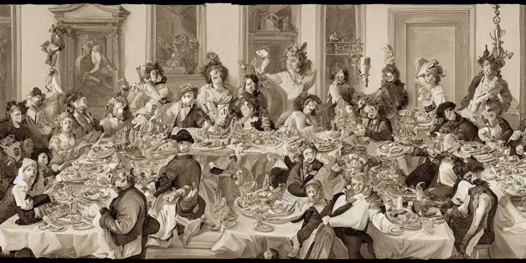 Image similar to rococo style drawing of work colleagues of a design studio get together to feast on a big table with lots of food