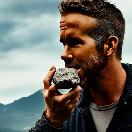 Prompt: photo of ryan reynolds eating a boulder, highly detailed, extremely high quality, hd, 4 k, 8 k, professional photographer, 4 0 mp, lifelike, top - rated, award winning, realistic, detailed lighting, detailed shadows, sharp, no blur, edited, corrected, trending