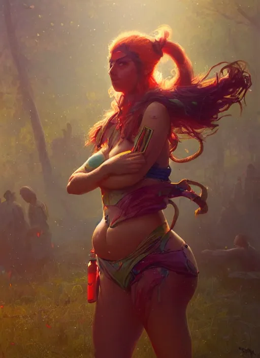 Image similar to hyper realistic photography of festival warrior curvy girl saturated colors, cinematic, greg rutkowski, rowena morrill, juan gimenez, artstation