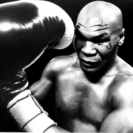 Image similar to polaroid image of mike tyson fighting an alien xenopmorph in a boxing ring