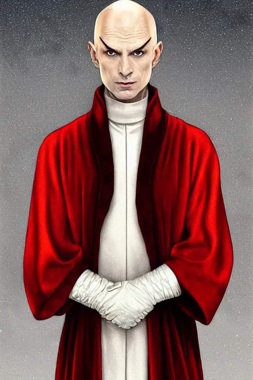 Prompt: a bald pale sorcerer in his late ninetees. stately and dour in his expression. eyeliner accentuates his sunken eyes. a high black turtleneck covers his thin neck. opulent white golden red robe. white leather gloves with gold decoration, sharp focus, illustration, digital painting, art by magali villeneuve