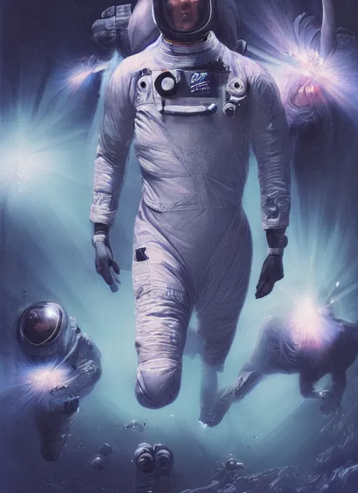 Image similar to astronauts in dark void underwater - complex and hyperdetailed technical suit. reflection and dispersion materials. rays and dispersion of light. volumetric light. f / 3 2. noise film photo. flash photography. ultra realistic, wide angle. poster by wayne barlowe, hajime sorayama aaron horkey, craig mullins