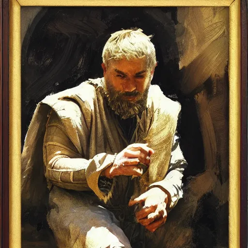 Prompt: portrait of a man wearing medieval clothes reciting poetry, detailed by greg manchess, craig mullins, bernie fuchs, walter everett