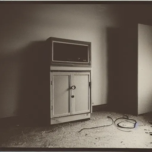 Prompt: Photograph of an old black room with a TV playing an emergency warning, dust in the air, brown wood cabinets, taken using a film camera with 35mm expired film, bright camera flash enabled, award winning photograph, creepy, liminal space