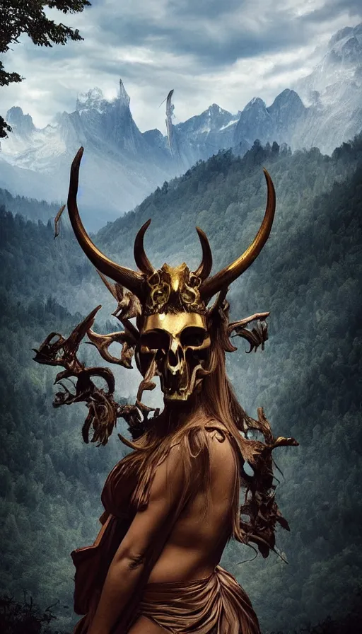 Prompt: gigantic goddess of wildlife wearing unknown animal skull mask with thousand horns looming over misty mountains forest