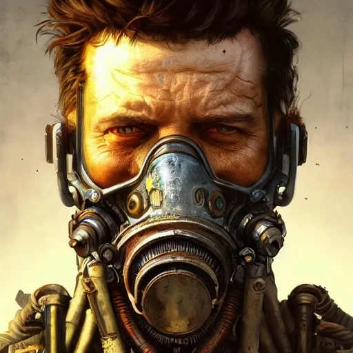 Prompt: portrait painting of a post apocalyptic madman, ultra realistic, concept art, intricate details, insane, eerie, highly detailed, fallout, wasteland, photorealistic, octane render, 8 k, unreal engine 5. art by artgerm and greg rutkowski and alphonse mucha