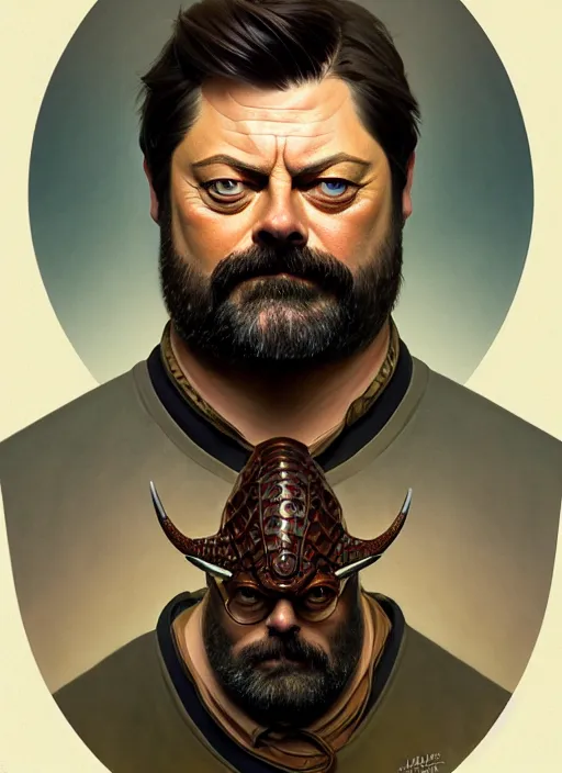 Image similar to portrait of nick offerman as a squid man, d & d, muscular, fantasy, intricate, elegant, highly detailed, digital painting, artstation, concept art, smooth, sharp focus, illustration, art by artgerm and greg rutkowski and alphonse mucha