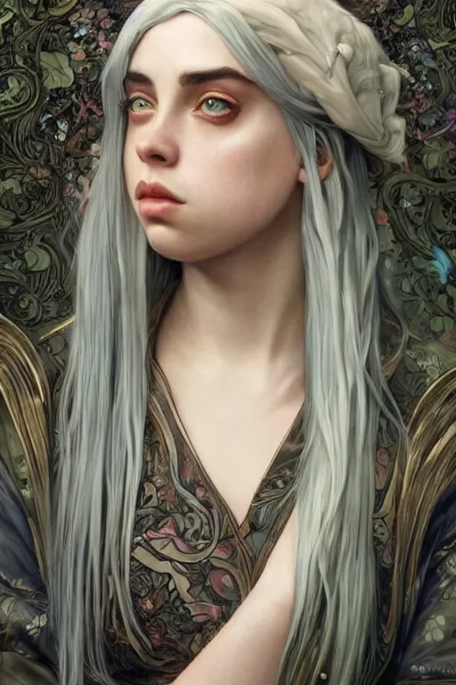 Image similar to Billie Eilish, fantasy, intricate, elegant, highly detailed, digital painting, 4k, HDR, concept art, smooth, sharp focus, illustration, art by artgerm and H R Giger and alphonse mucha
