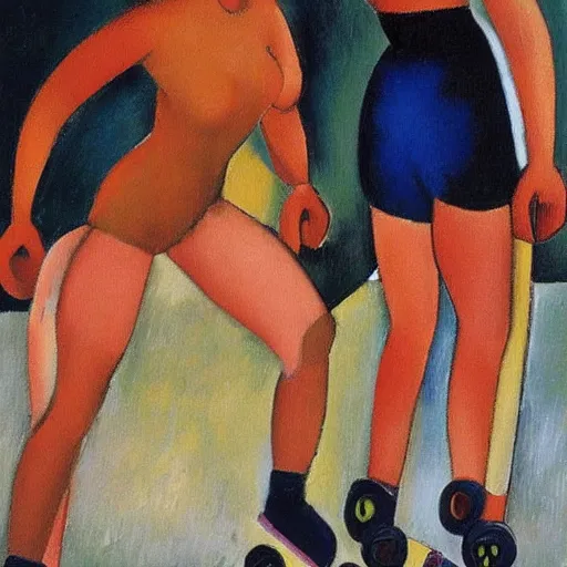 Prompt: oil canvas roller derby match by modigliani