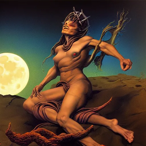 Image similar to sleep of wise old beautiful woman Desert Deity under unresolved evil moon illusion, in the style of Frank Frazetta, Jeff Easley, Caravaggio, extremely clear and coherent, clear lines, 8K revolution