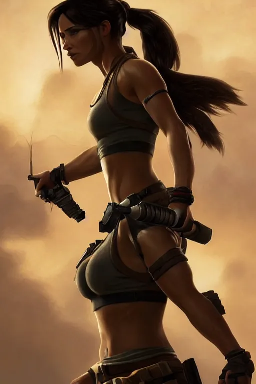 Image similar to Lara Croft, wide angle, super highly detailed, professional digital painting, artstation, concept art, smooth, sharp focus, no blur, no dof, extreme illustration, Unreal Engine 5, Photorealism, HD quality, 8k resolution, cinema 4d, 3D, beautiful, cinematic, art by artgerm and greg rutkowski and alphonse mucha and loish and WLOP