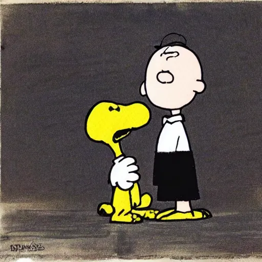 Prompt: Charlie Brown if he was a war criminal in 1945, somber, dark, Frank Weston Benson,