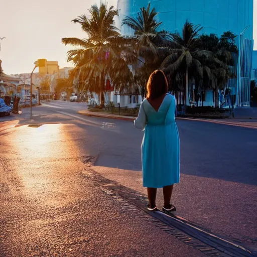 Image similar to a woman facing an portal on the street. the street leads dozen a city. the portal is oval, upright and surrounded by blue energy. the portal leads to a beach at sunset