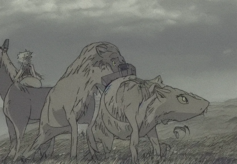 Image similar to a cell - shaded cartoon from princess mononoke ( 1 9 9 7 ) showing a huge giant grey monster. in the background is stonehenge on a misty and starry night. very dull muted colors, hd, 4 k, hq