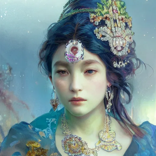 Image similar to noami osaka, adorned with precious stones, tiara and necklace by jeremy mann and alphonse mucha, photo realistic, dynamic lighting, windy, artstation, poster, dreamy, volumetric lighting, ethereal, 4 k, high detail