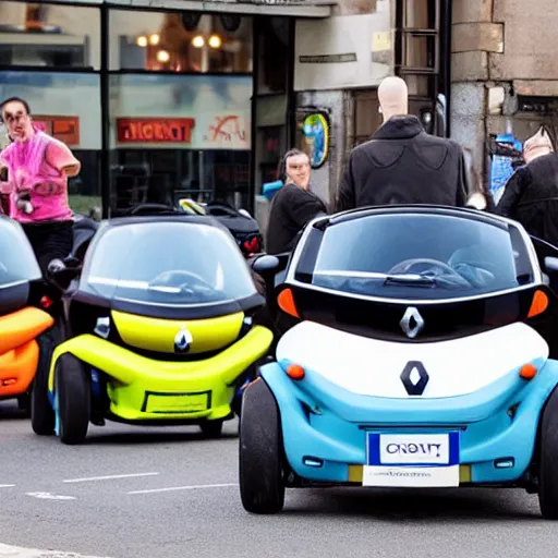 Image similar to photo of a clown driving a renault twizy in traffic jam,