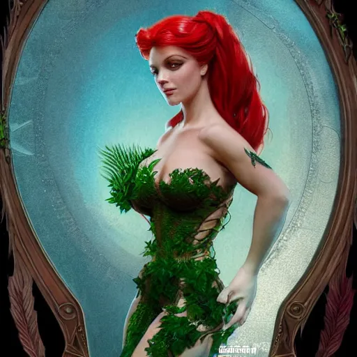 Prompt: a stunning 3 d render of ariel dressed as a beautiful poison ivy with hair tied in a braid, dark eyeliner, intricate, elegant, highly detailed, digital painting, artstation, octane render, sharp focus, illustration, art by artgem and jugendstil and greg rutkowski and alphonse mucha, pixv