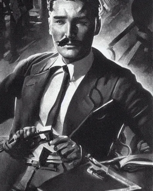 Image similar to Errol Flynn as a scientist. 1980s dystopian Soviet Russia, propaganda screens. Unreal engine, fantasy art by Greg Rutkowski, Gustave Courbet, Rosa Bonheur, Edward Hopper, Ilya Yefimovich Repin, Jean-François Millet, Andrew Newell Wyeth. Faithfully depicted facial expression, perfect anatomy global illumination, radiant light, detailed and intricate environment