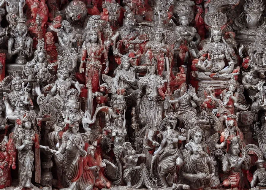 Image similar to blood temple, hindu ornaments, baphomet statue at the center surrounded by angel statues, film still, 4 k, symmetry, award - winning photography, 1 2 0 mm