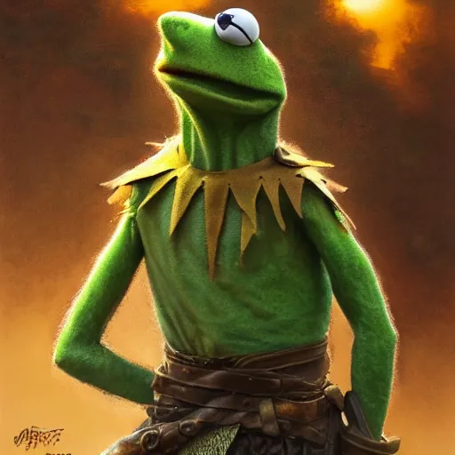 Image similar to kermit the frog as Aragorn by Alan Lee, leather armor, golden hour, concept art, detailed clothing, art station, oil painting, art by artgerm and greg rutkowski and alphonse mucha