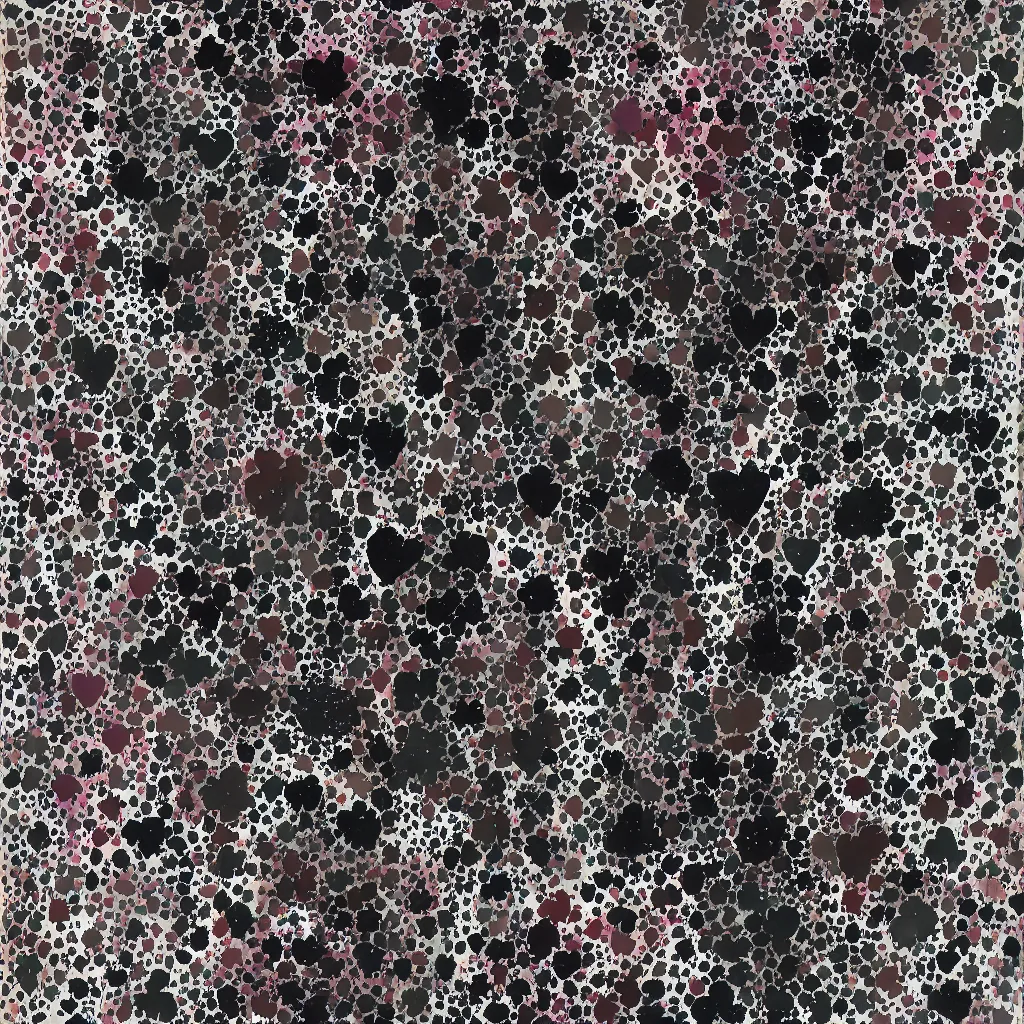 Image similar to camo made of hearts, smiling, abstract, rei kawakubo artwork, cryptic, dots, stipple, lines, splotch, color tearing, pitch bending, color splotches, dark, ominous, eerie, minimal, points, technical, old painting