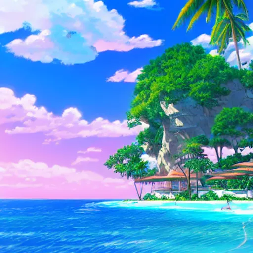 Image similar to a beautiful graphic contour outline render of a dreamy tropical anime island paradise by makoto shinkai, pink accents, soft details, graphic art