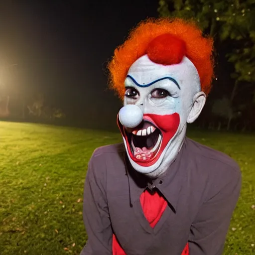 Image similar to creepy clown at a dark park smiling