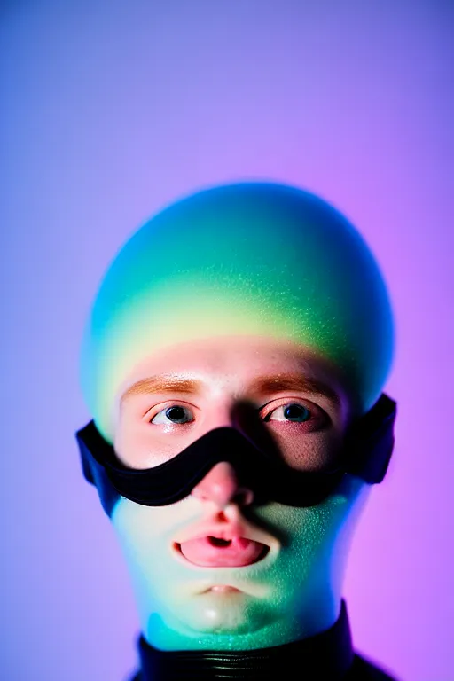 Image similar to high quality pastel coloured film mid angle portrait photograph of a beautiful young 2 0 year old male, soft features, short hair, perspex mask and oversized inflated clothing!!!! icelandic black! rock pool environment. atmospheric three point light. photographic. art directed. ( pastel colours ). volumetric. clearcoat. waves. 8 k. filmic.