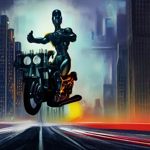 Image similar to cyborg rides a motorcycle down gotham city art deco highway, goliath statue support beams, ayn rand raised highway, filiment buld traffic lights, golden light, dark oil painting, global illumination