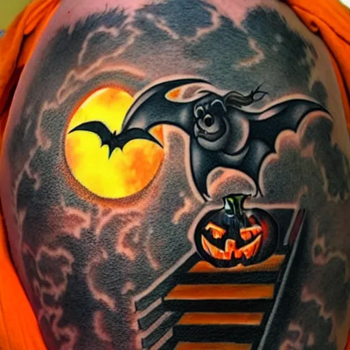 Prompt: cartoon tattoo of a halloween pumpkin with glowing eyes on shoulder with light shading in the background, night time scene in graveyard with full moon and bats flying, mist