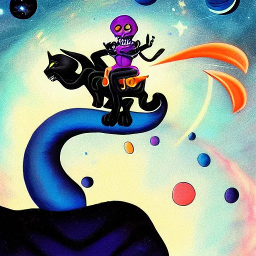 Image similar to skeletor riding a giant black cat in outer space