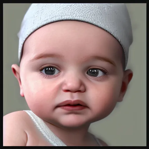 Image similar to very cute baby life like Realistic PBR 3D Model, but as a photograph by Annie Leibovitz, daz3d genesis iray, v-ray, unreal engine, HDRI shaders, 8k