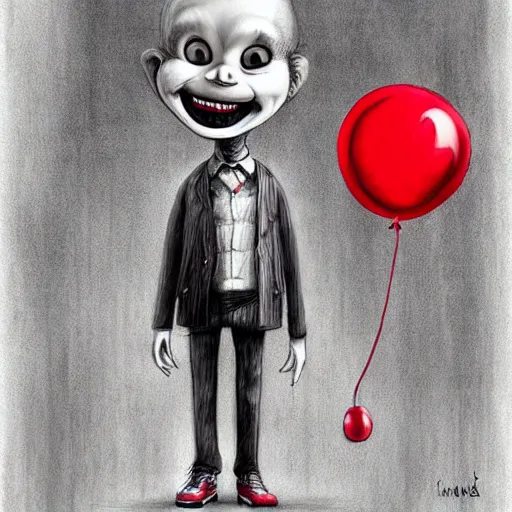 Prompt: surrealism grunge cartoon portrait sketch of slender man with a wide smile and a red balloon by - michael karcz, loony toons style, chucky style, horror theme, detailed, elegant, intricate