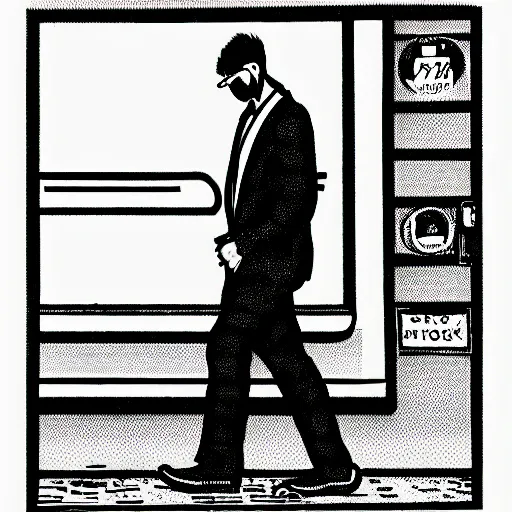 Image similar to a risograph print of a man walking into a New York City subway station