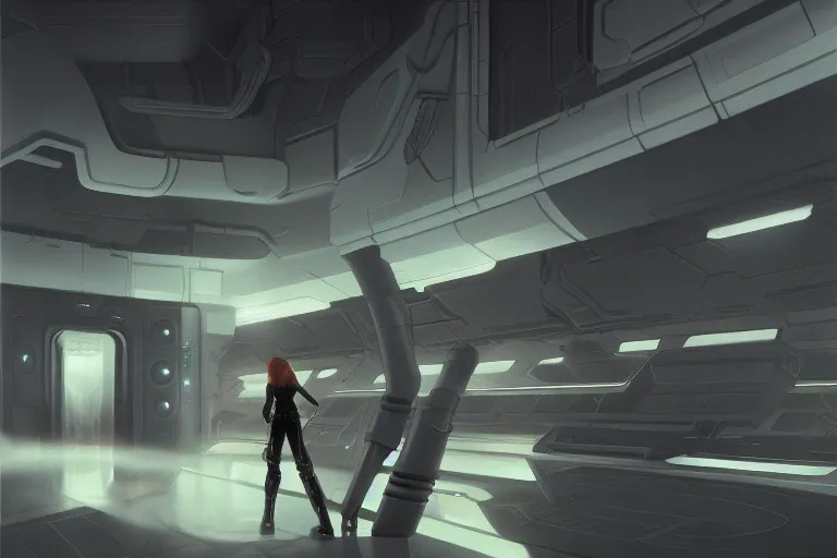 Image similar to mara jade infiltrating a black sun facility on nar shaddaa, painting by ralph mcquarrie