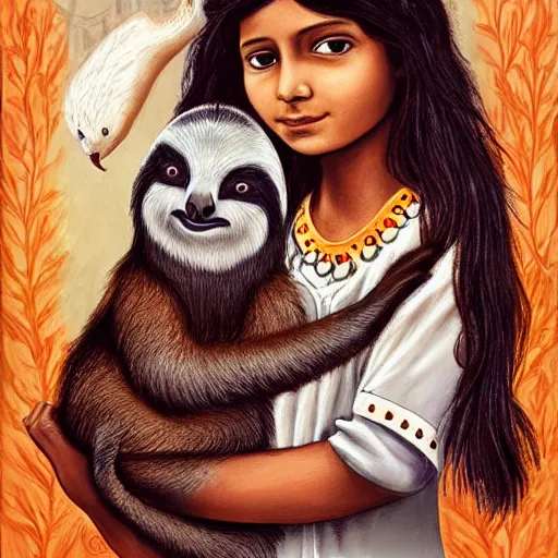 Image similar to a cottagecore beautiful young indian witch holding a cute sloth, highly detailed, masterpiece, illustrated, art by johannes voss