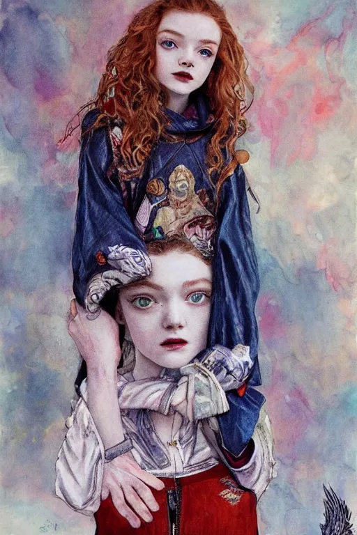 Prompt: sadie sink in a hoodie, 1 9 2 0 s fashion, fantasy, art by ayami kojima, vasnetsov, cedric peyravernay