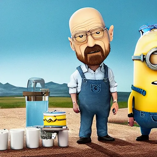 Prompt: walter white baking meth with a minion