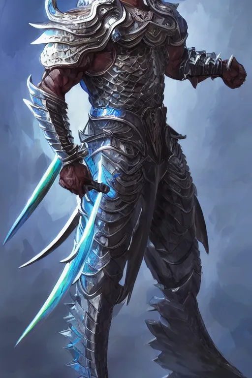 Image similar to Full body character concept art of an anime draconian warrior knight, iridescent scales, cool face, muscular, by Stanley Artgerm Lau, WLOP, Rossdraws, James Jean, Andrei Riabovitchev, Marc Simonetti, and Sakimichan, tranding on artstation