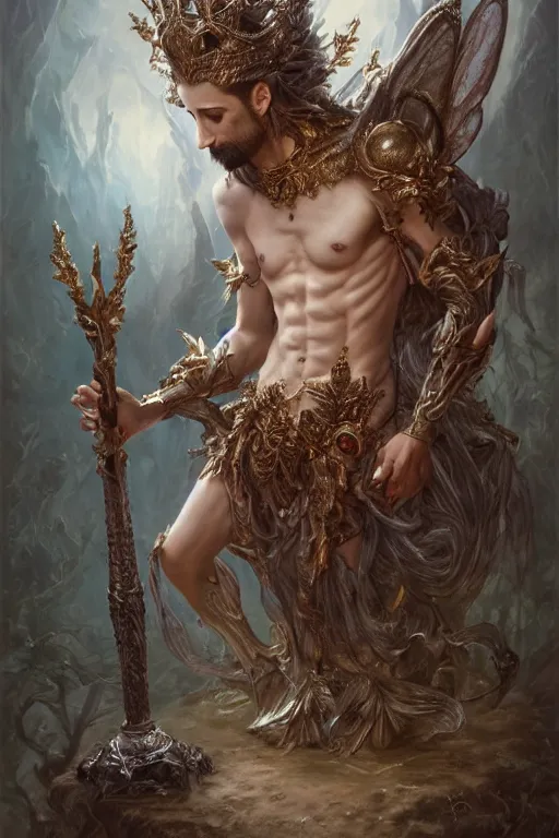 Image similar to full body portrait shot of adrien brody as king oberon, fairy wings, lord of beasts, highly detailed, digital painting, artstation, concept art, soft focus, depth of field, artgerm, tomasz alen kopera, peter mohrbacher, donato giancola, wlop, boris vallejo